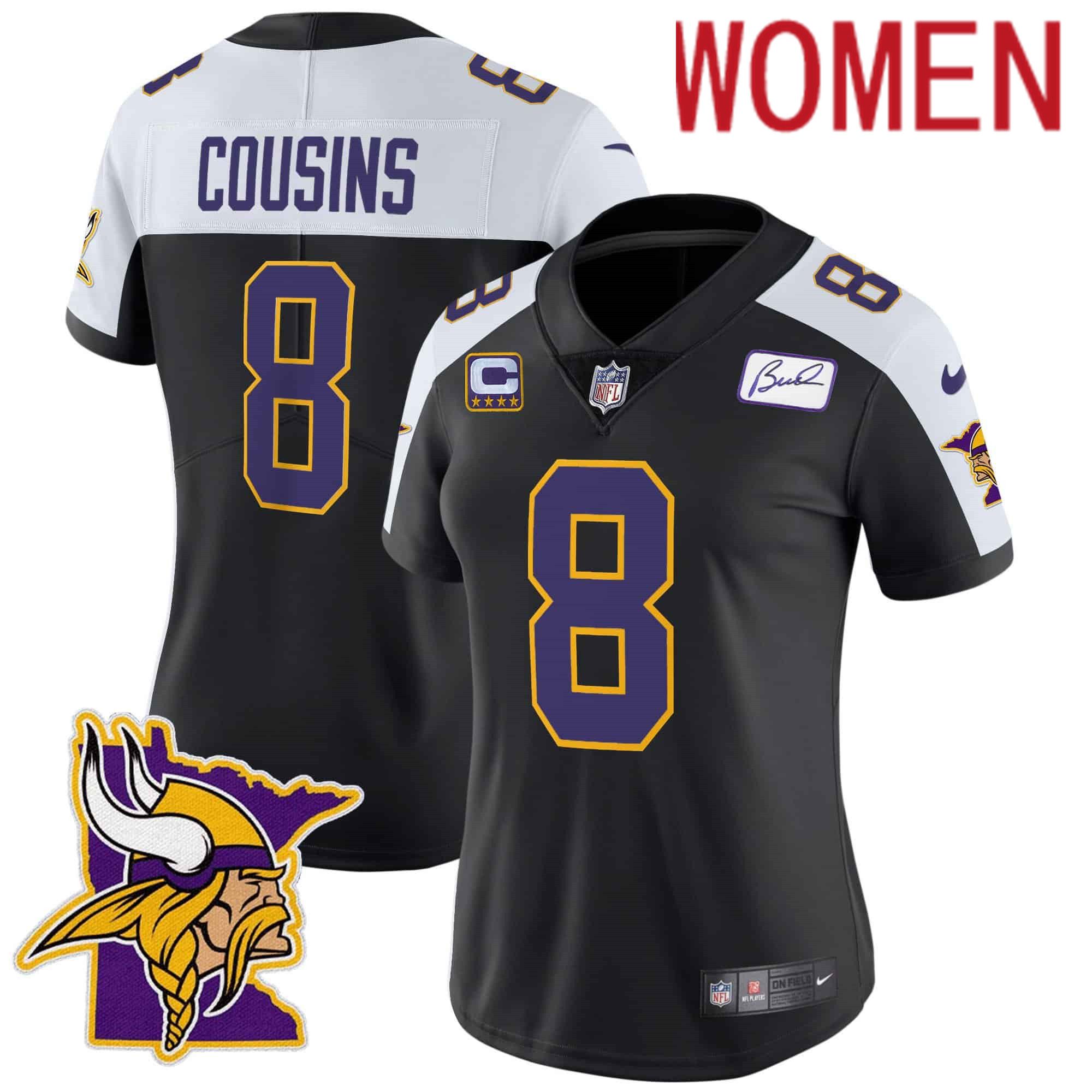 Women Minnesota Vikings 8 Cousins Black 2024 Nike Patch Classic Limited NFL Jersey